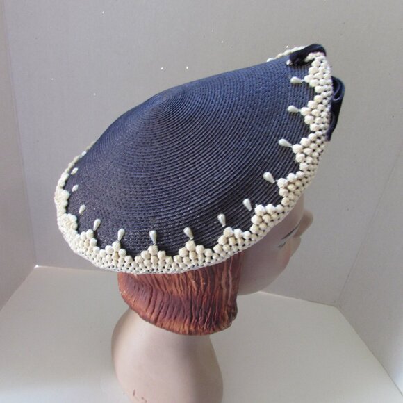 SALE Vintage Mid Century Hat Navy Weave White Trim Tear Drop Shape - Picture 2 of 13